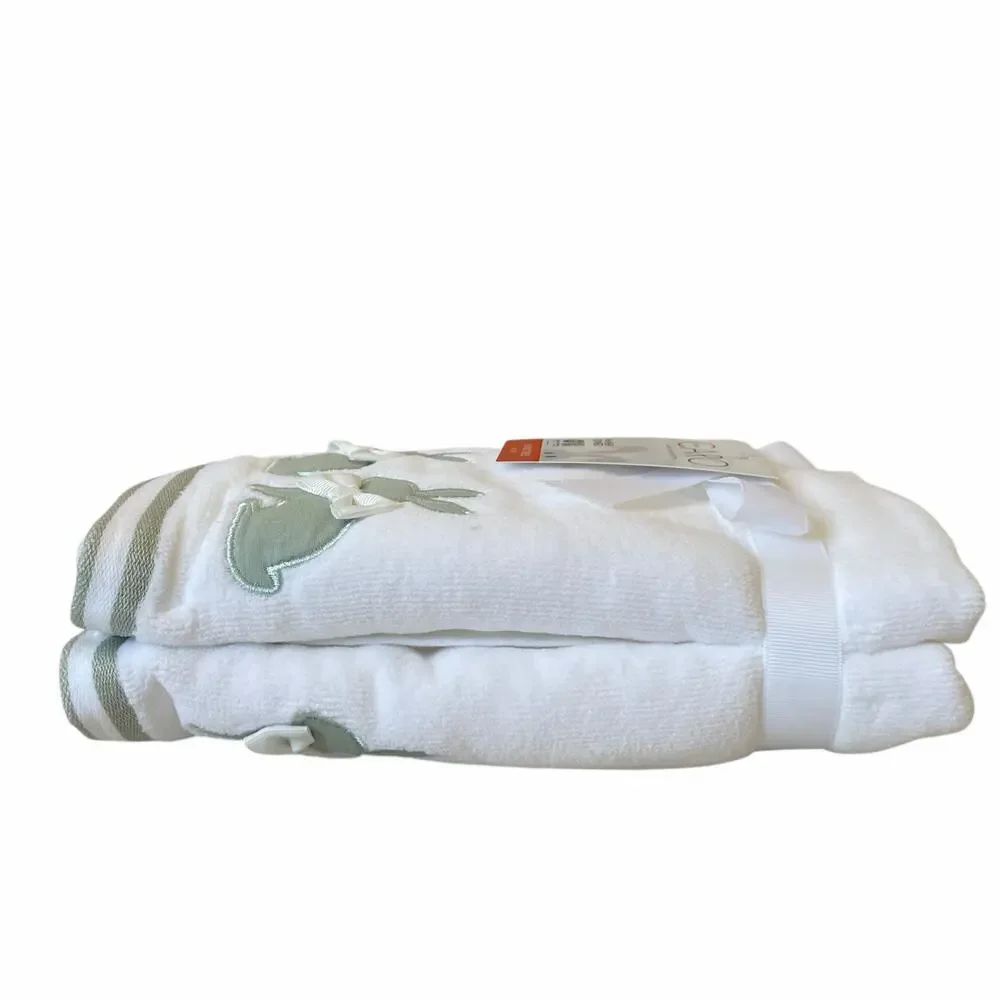 Caro Easter Bunny w/ Bow Hand Towels 2pc 16x28 Embroidered Green & White NEW
